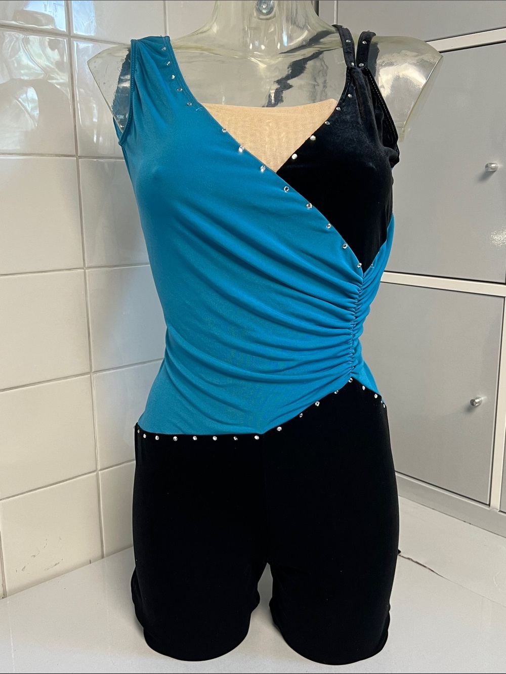 Teal/Blk Rhinestone Velvet Dance Unitard Costume M NWOT